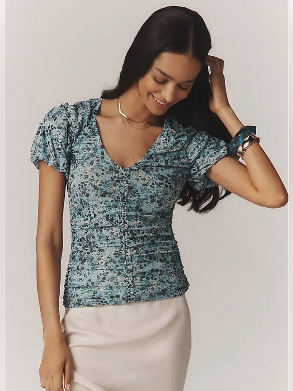 By Anthropologie Shirred Mesh Floral Top Size Small